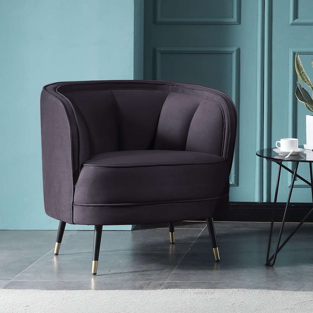 

31" Round Gray Velvet Accent Chair with Tufted Back & Metal Legs