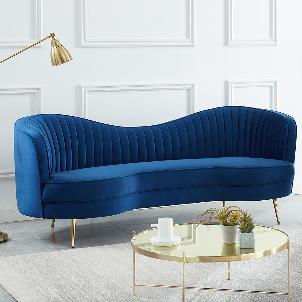 

Luxury 84" Vertical Channel Tufted Curved Performance Velvet Sofa in Blue