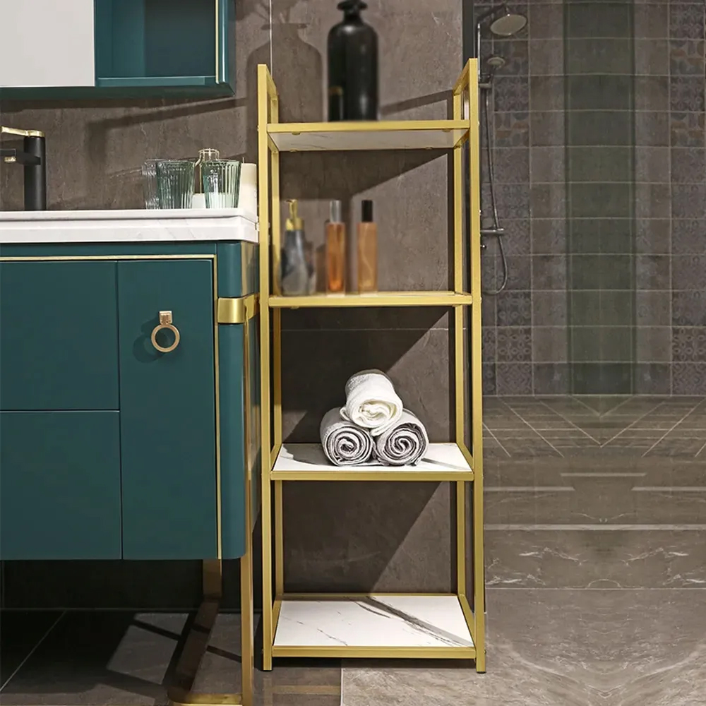 Image of Modern Bathroom Freestanding Storage Shelving in Gold & White