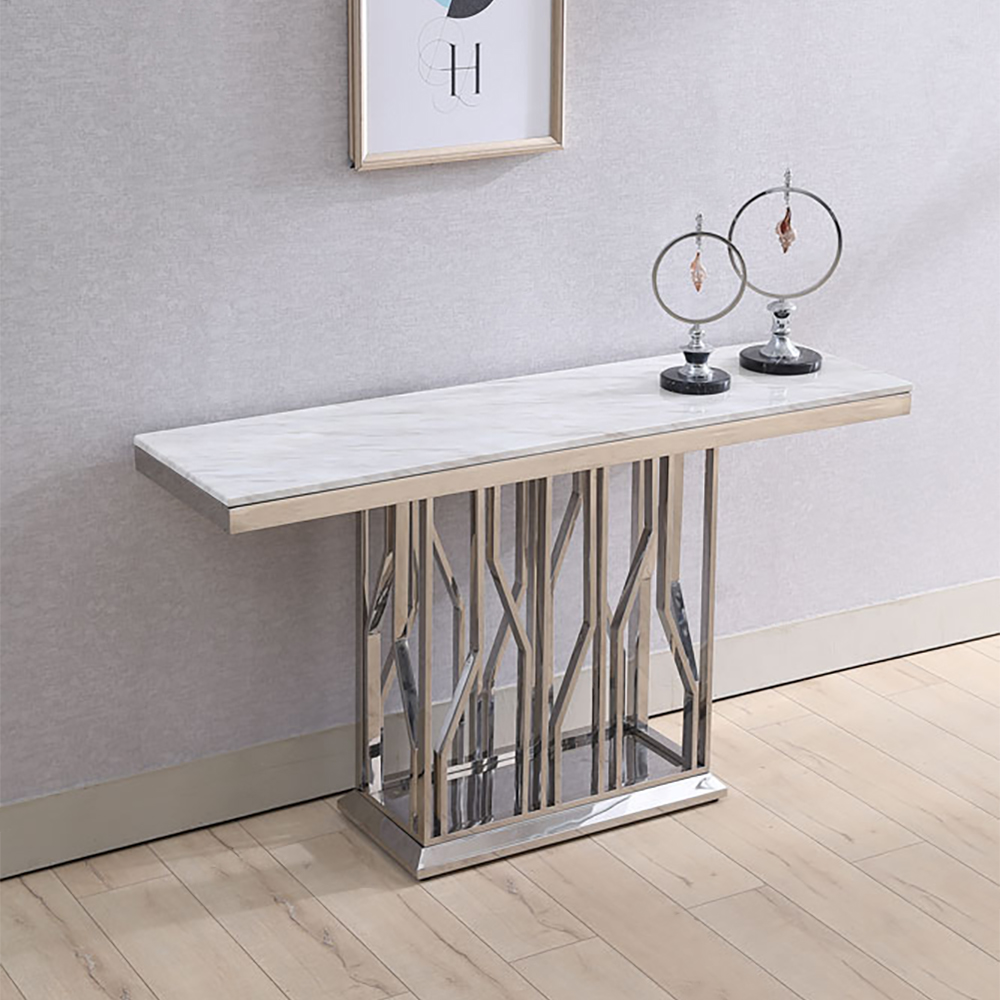

63" White & Silver Narrow Console Table for Entryway Stainless Base