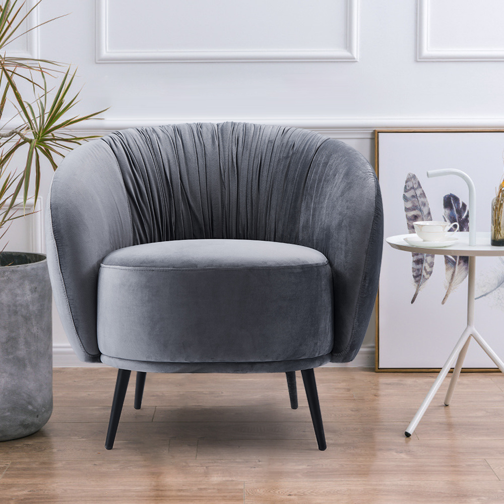 

31" Gray Round Pleated Back Cushioned Armchair with Metal Legs