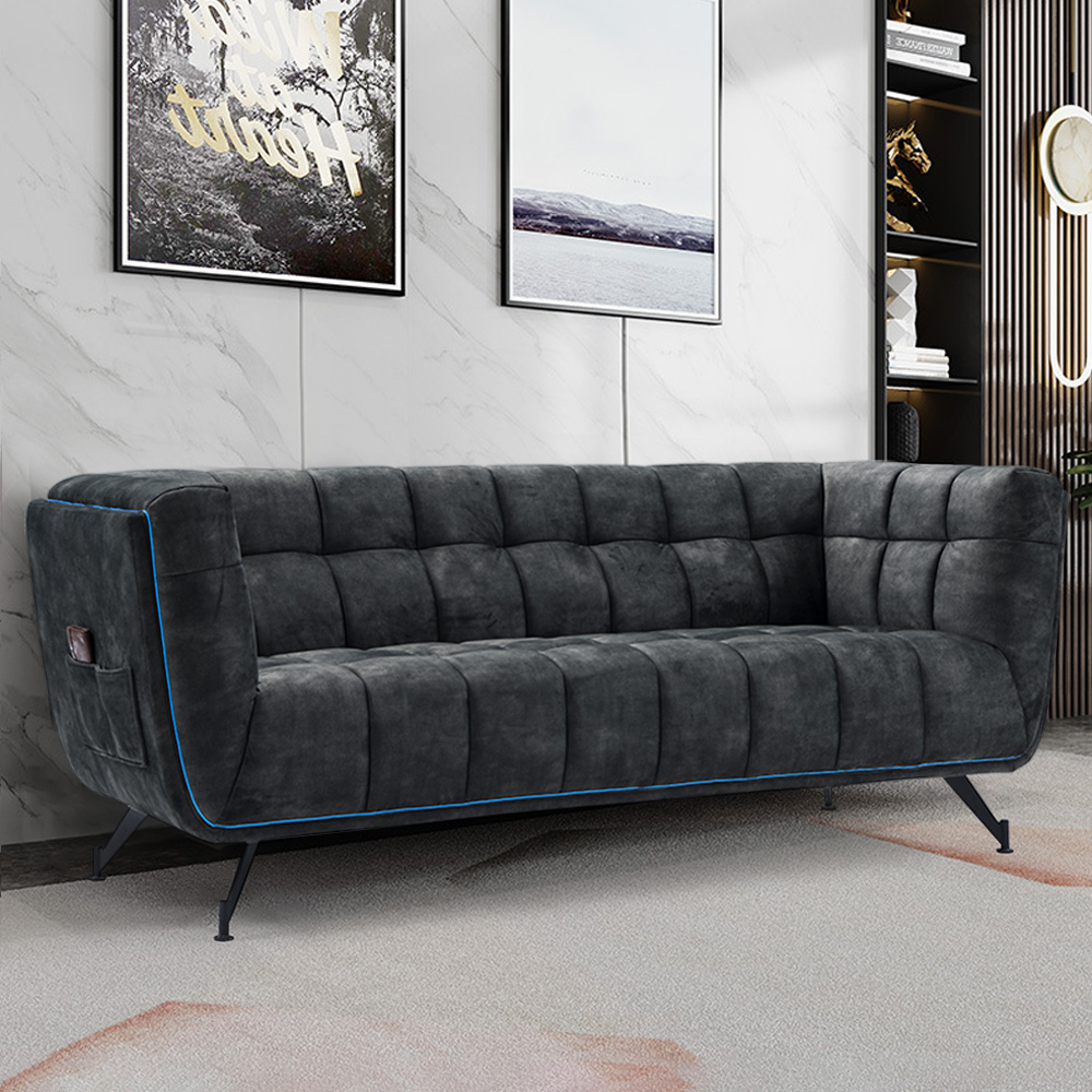 Mid Century 82" Black Grid Tufted Sofa With Metal Legs