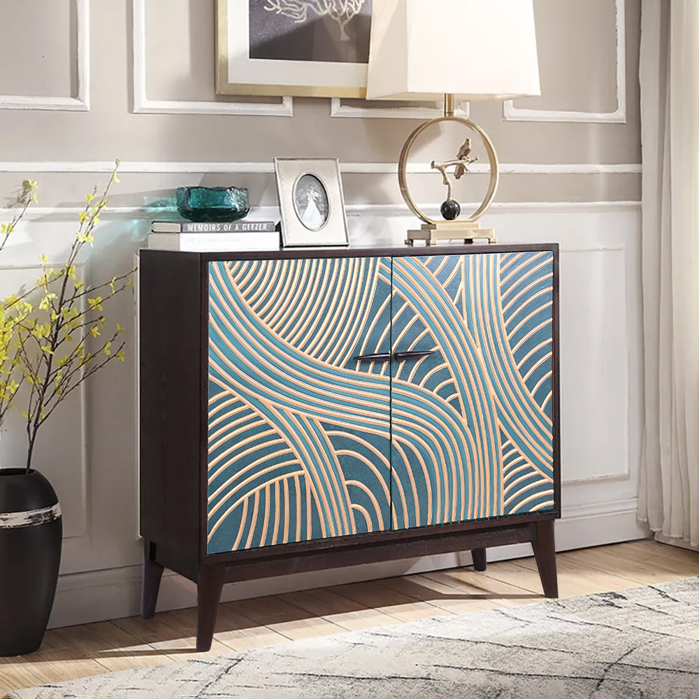 

Modern 40" Peacock Blue Pine Wood Buffet Sideboard with 2 Doors
