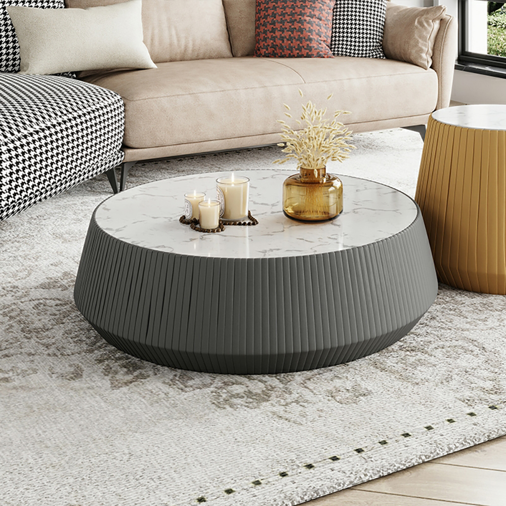 Nordic Drum Coffee Table Set of 2 Stone & Carbon Steel in White & Gray & Yellow