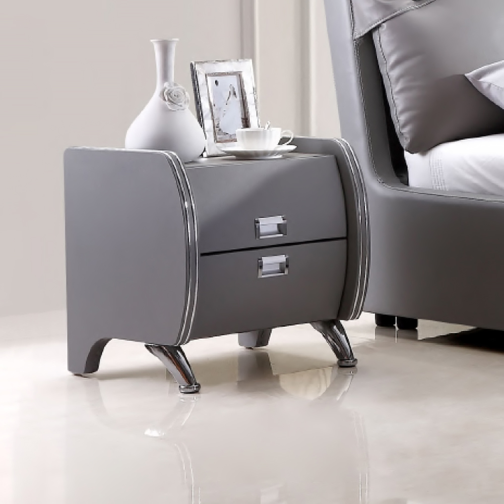 

Nordic Gray Faux Leather Nightstand with Wooden Drawers End Table for Bedroom