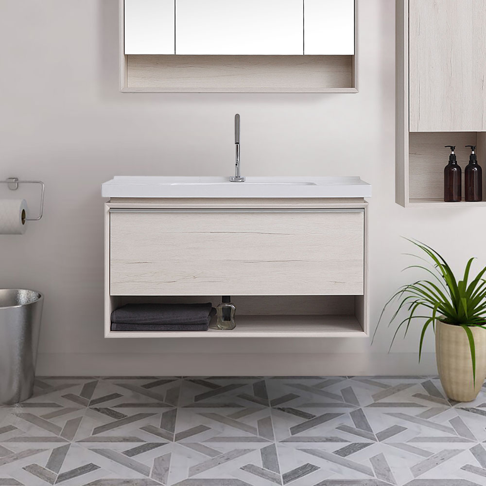 

39.6" Contemporary Beige Floating Stone Top Bathroom Vanity with Integrated Sink