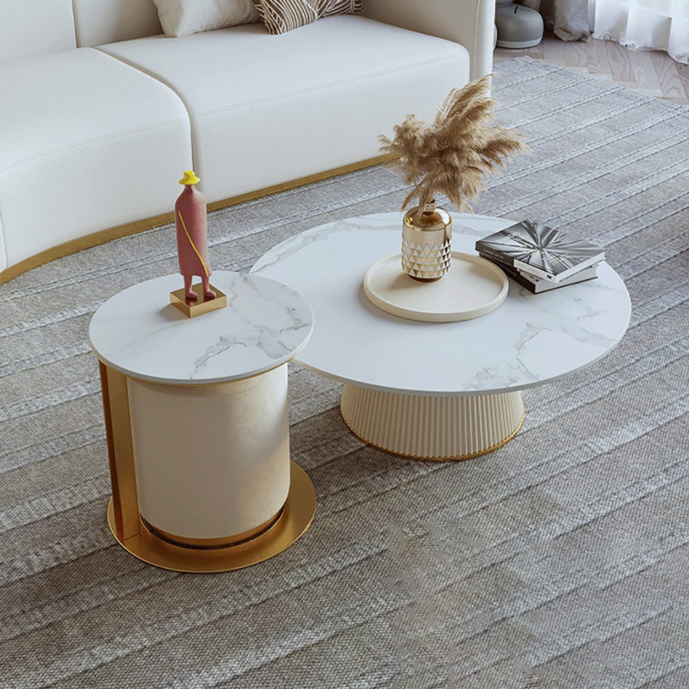 

Round White & Gold Modern Coffee Table Set Stone Top with Stool 3 Pieces