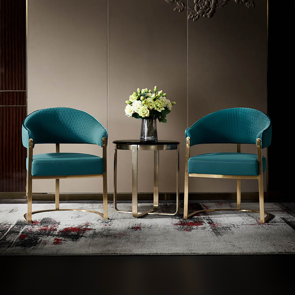 

Contemporary Blue Leath-Aire Accent Chair with Frame in Brushed Champagne