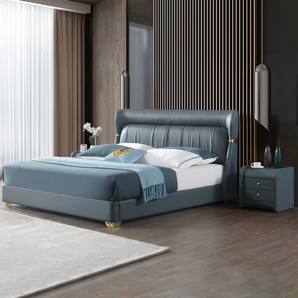 

Modern Blue Upholstered Platform Bed Genuine Leather Bed Wood Slats Support