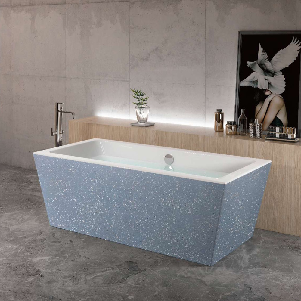 

67'' Freestanding Rectangular Acrylic Soaking Bathtub in Blue and Dotted White