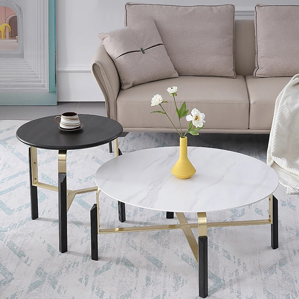 

Minimalist Round Coffee Table Set Stone Top & Metal Frame in Black & White