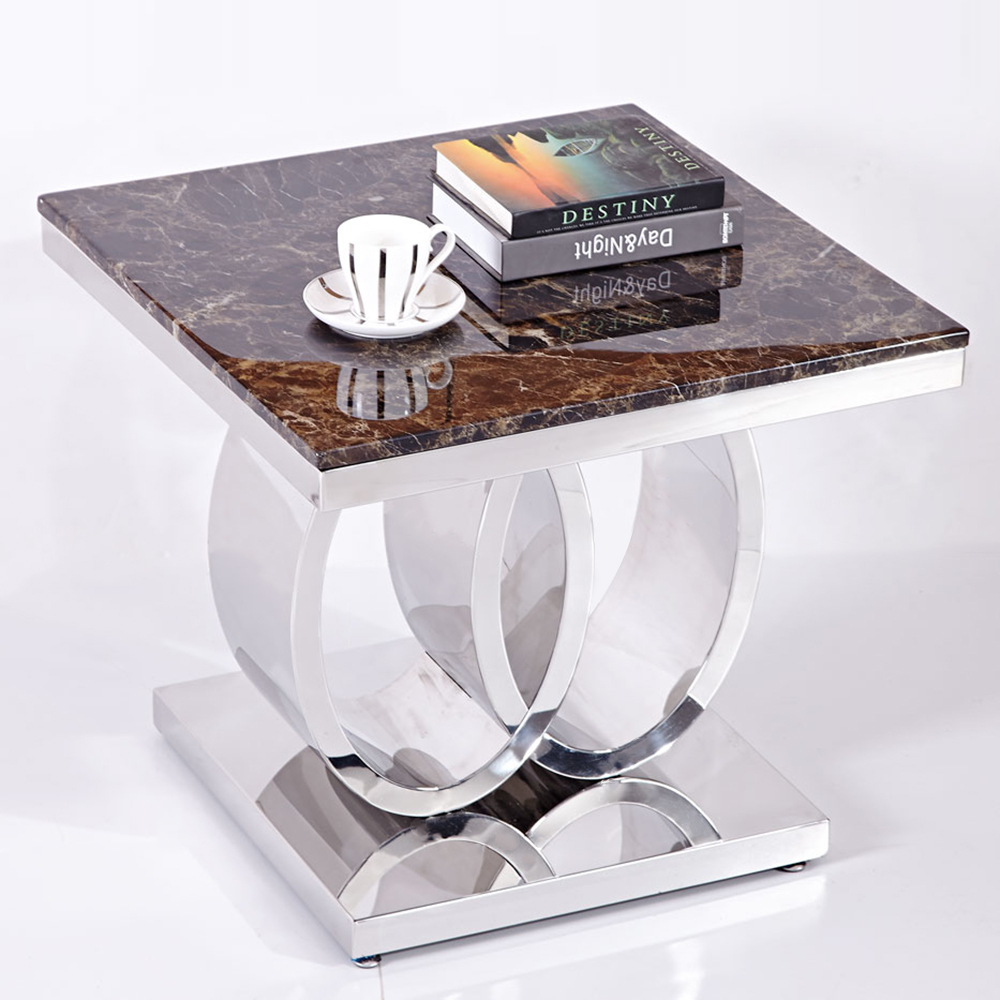 Square Side Table with Oval Stainless Steel Base & Faux Marble Top