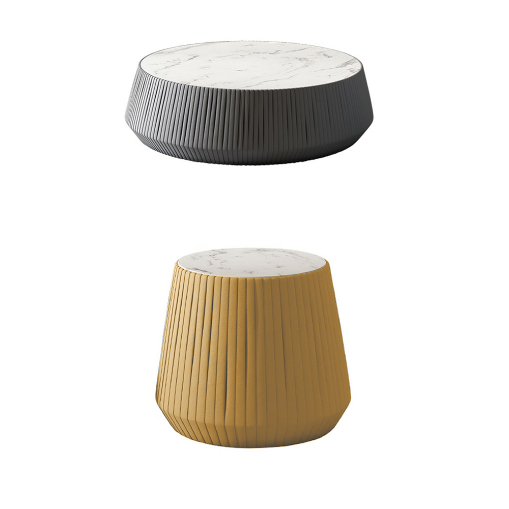 Nordic Drum Coffee Table Set of 2 Stone & Carbon Steel in White & Gray & Yellow