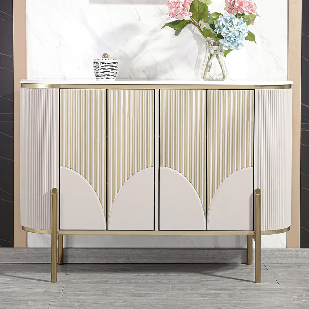 

Off-White Buffet Faux Marble Top Sideboard 4 Doors & Shelves Gold Finish in Small
