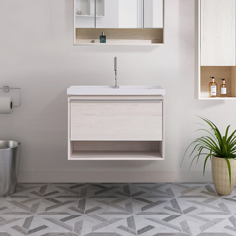 

31.7" Contemporary Beige Floating Stone Top Bathroom Vanity with Integrated Sink