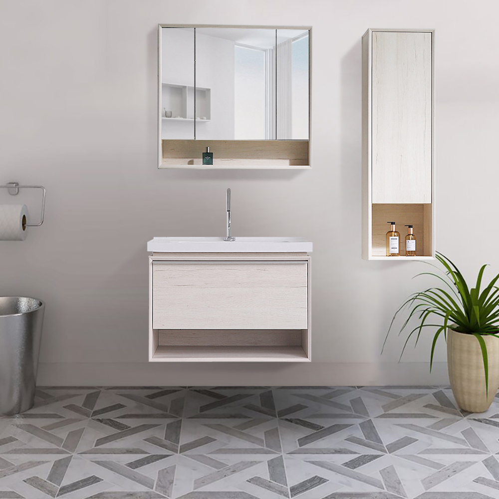 

31.7" Contemporary Beige Floating Stone Top Bathroom Vanity with Integrated Sink