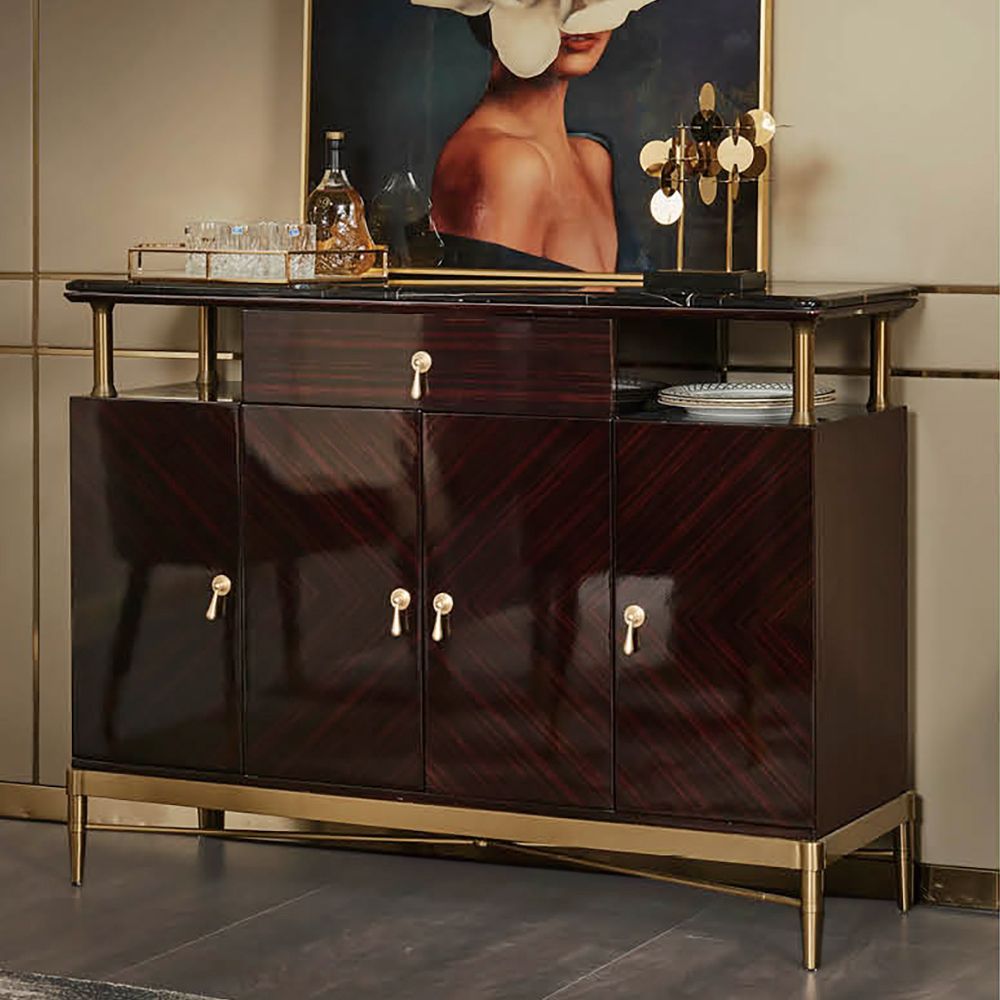 

Retro Faux Marble Top Buffet Cabinet Sideboard in Dark Brown with Golden Frame