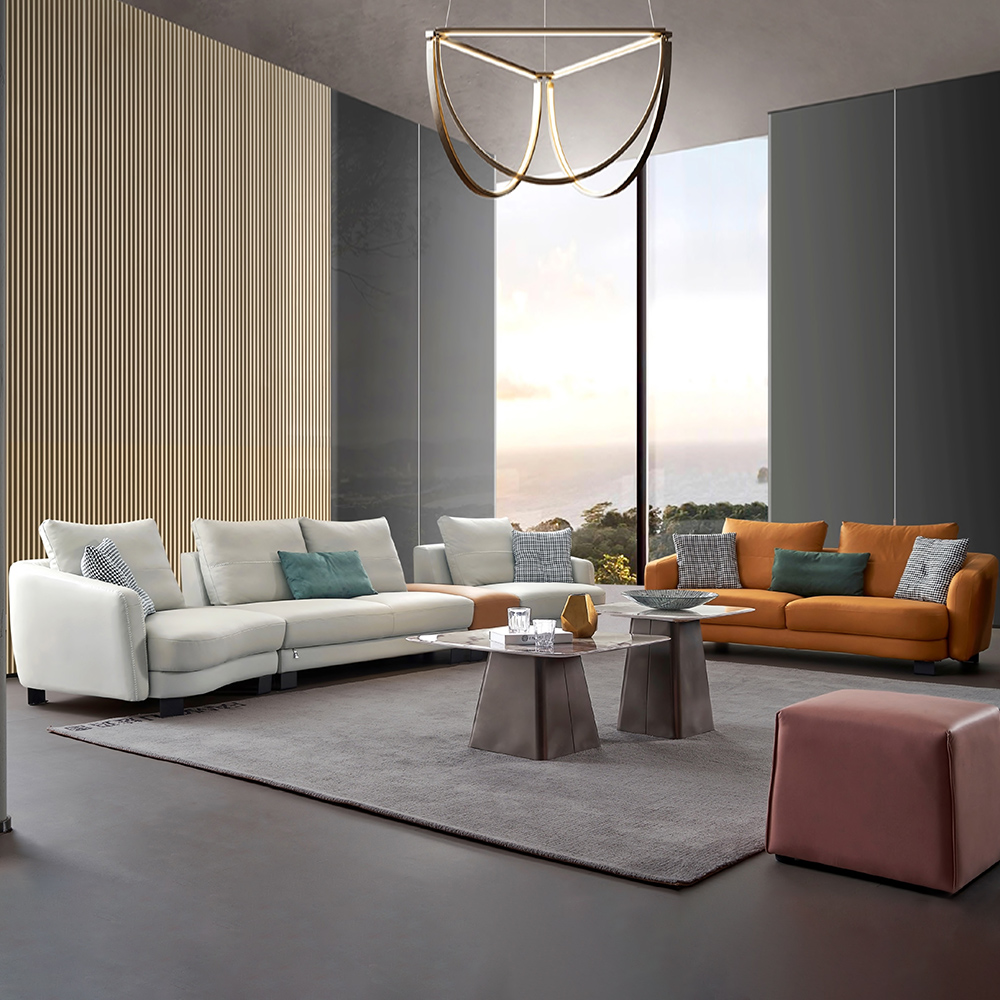 Modern 2 Pieces Sofa Set Living Room Set White Sofa & Orange Loveseat