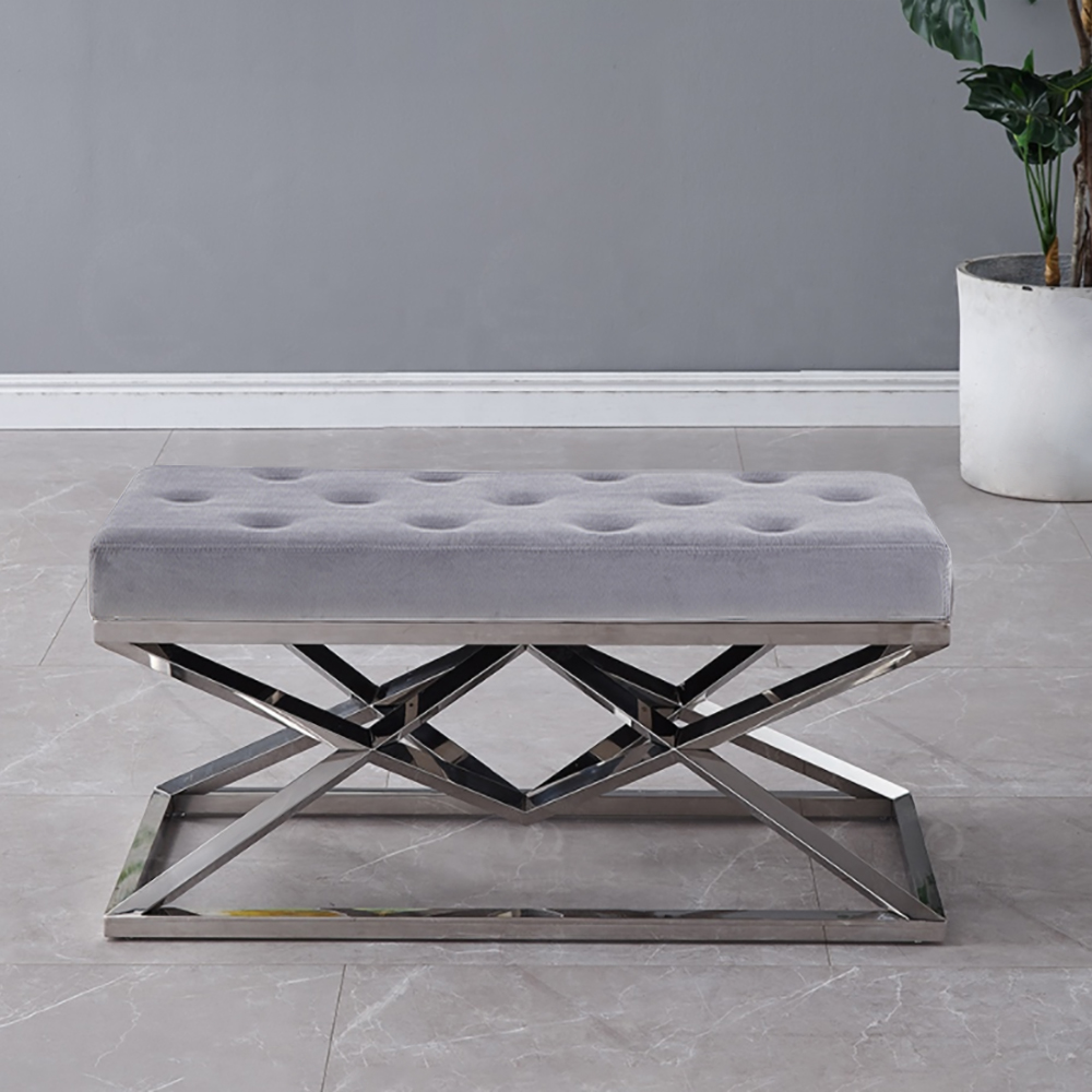 

43" Gray Modern Velvet Upholstered Bench in Silver Base Entryway Bench