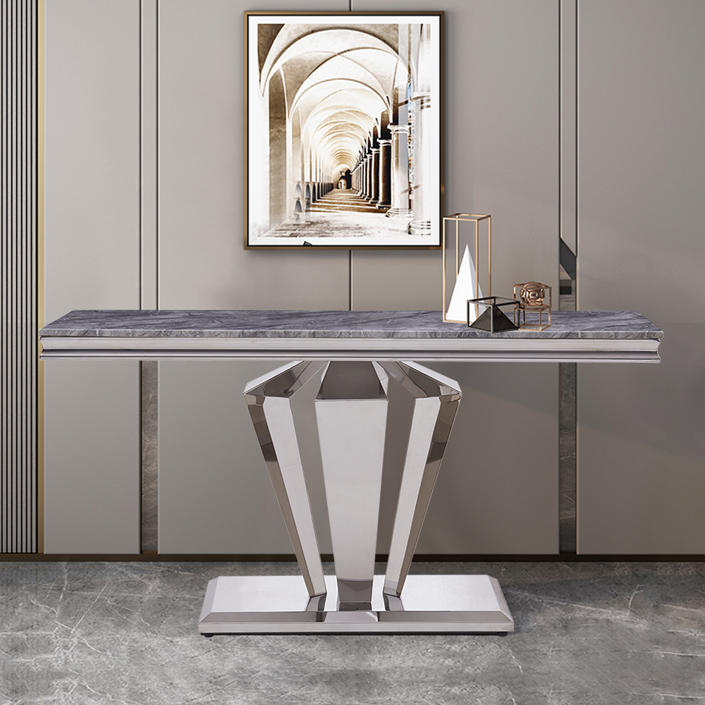 

55" Rectangle Gray Console Table in Faux Marble & Stainless Steel for Entryway