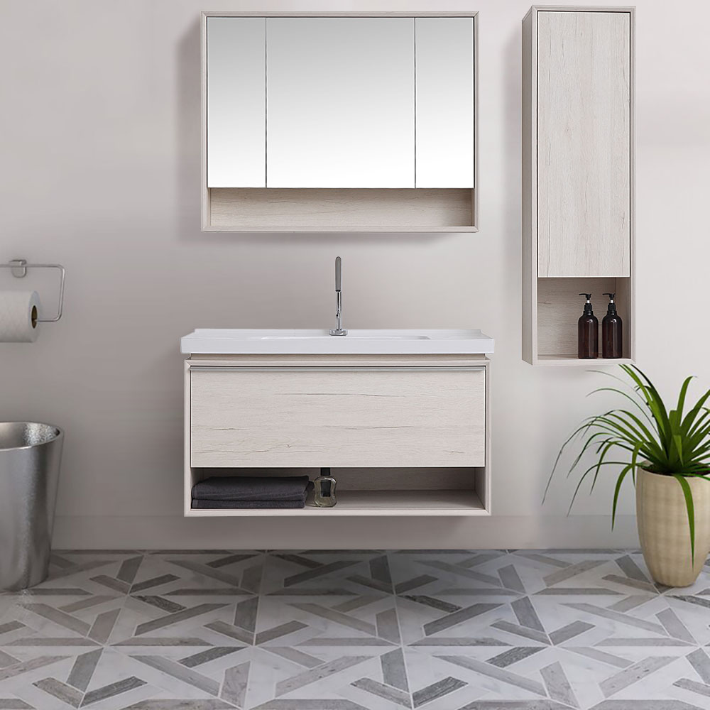 

39.6" Contemporary Beige Floating Stone Top Bathroom Vanity with Integrated Sink