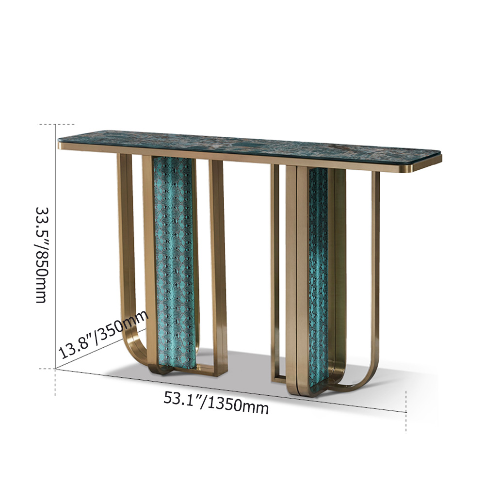 Retro Green Stone Top Console Table with Fabric Upholstery and Golden Frame