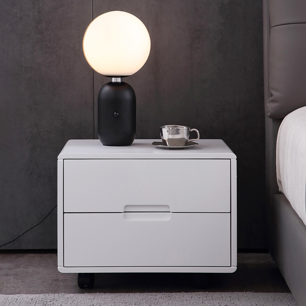 Modern White Nightstand with 2 Drawers with Wheels