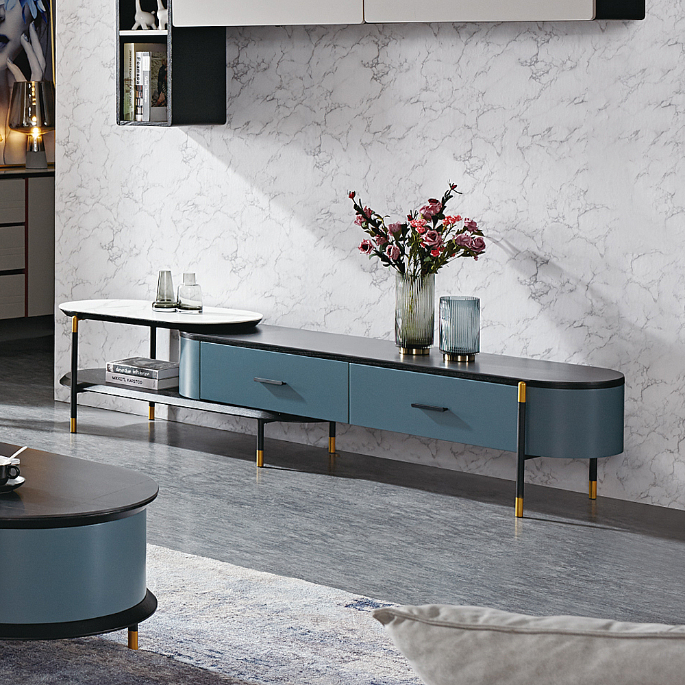 

Modern Oval Stone Top TV Stand for 75-85 Inch TV with 2 Drawers