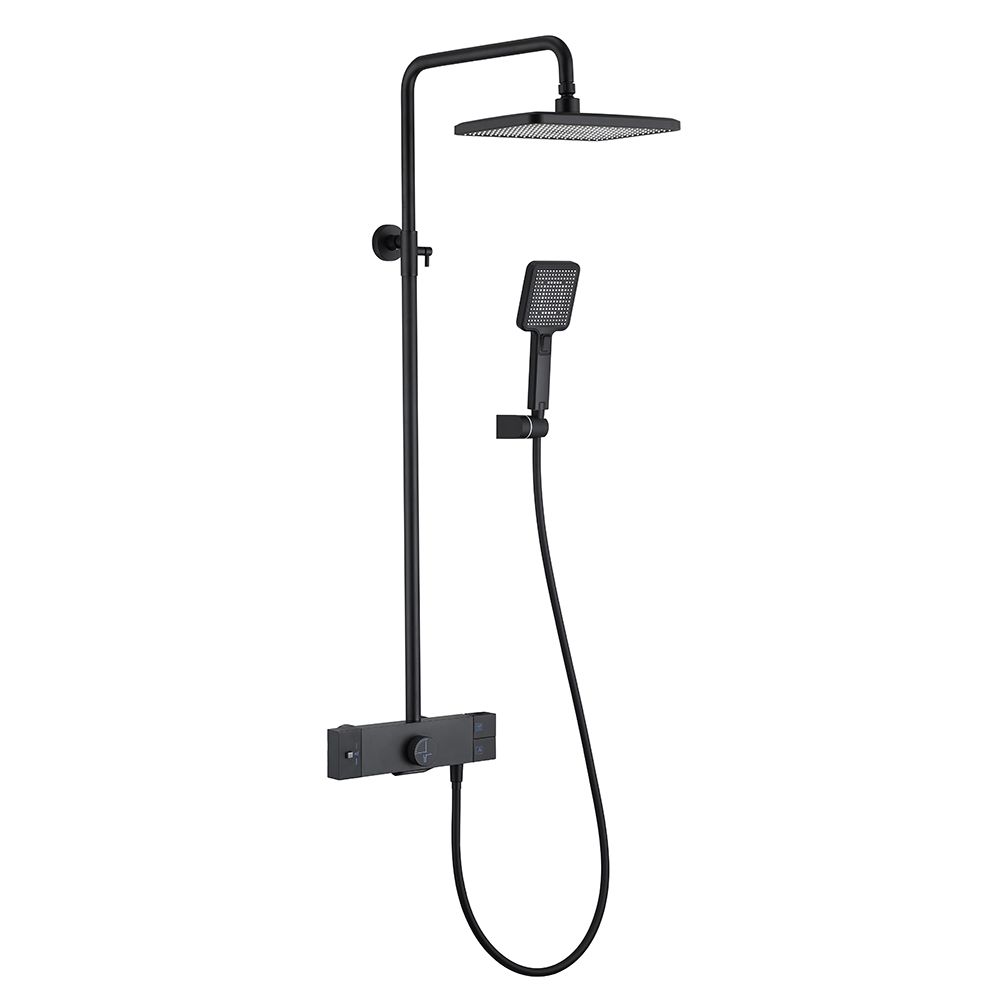 Wall Mounted Exposed Square Rain Shower Fixture with Thermostatic Mixer Valve in Black