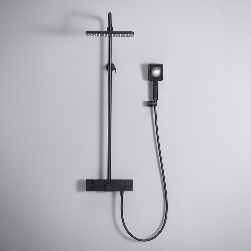 Wall Mounted Exposed Square Rain Shower Fixture with Thermostatic Mixer Valve in Black