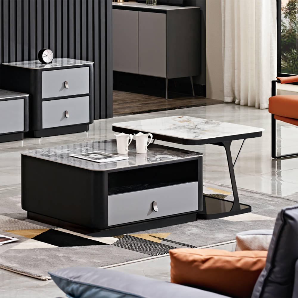 

2 Pieces Modern Stone Square Nesting Coffee Table in Black & Gray with Drawer