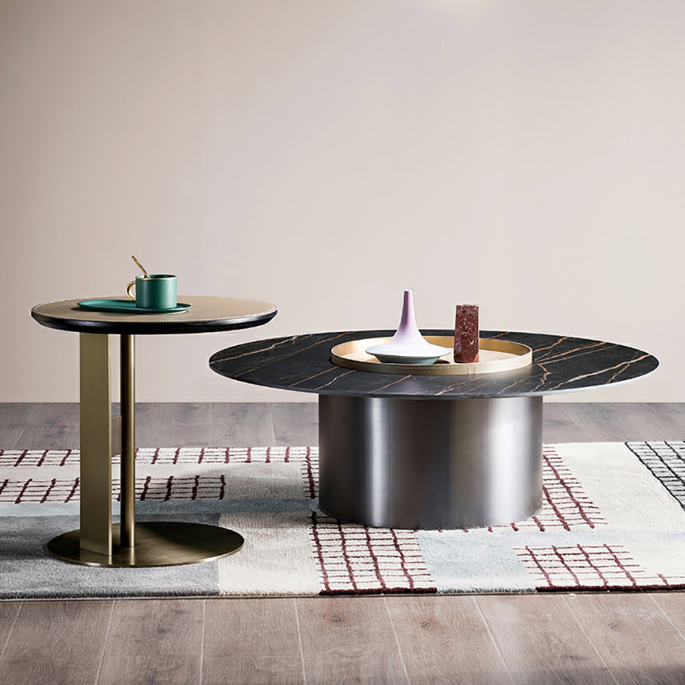 

Round Modern Stone Top Coffee Table Set of 2 in Black & Brass