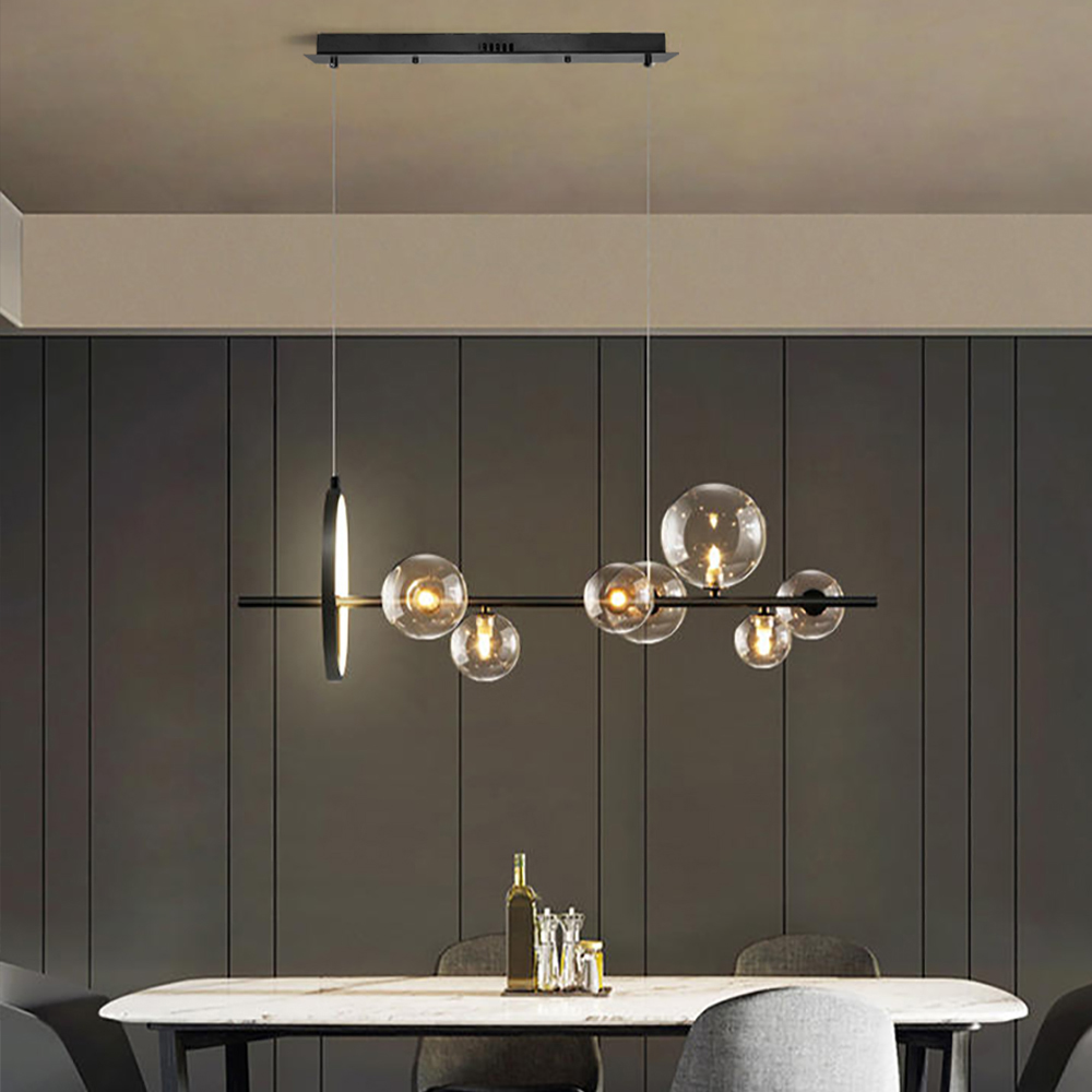 Moderne minimalistische Leuchte in Schwarz 7-Licht Glaskugelschirm Kücheninsel