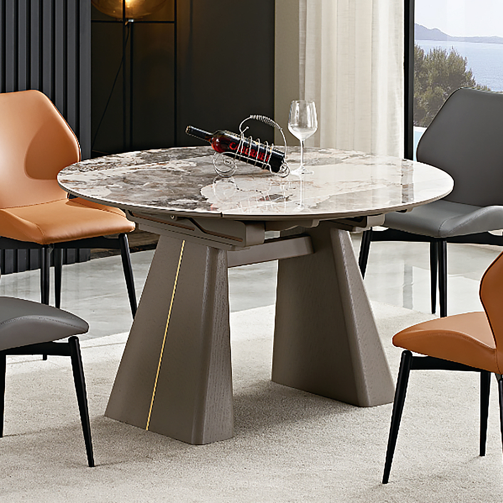 Modern Extendable Round Stone Top Dining Table With Double Pedestal