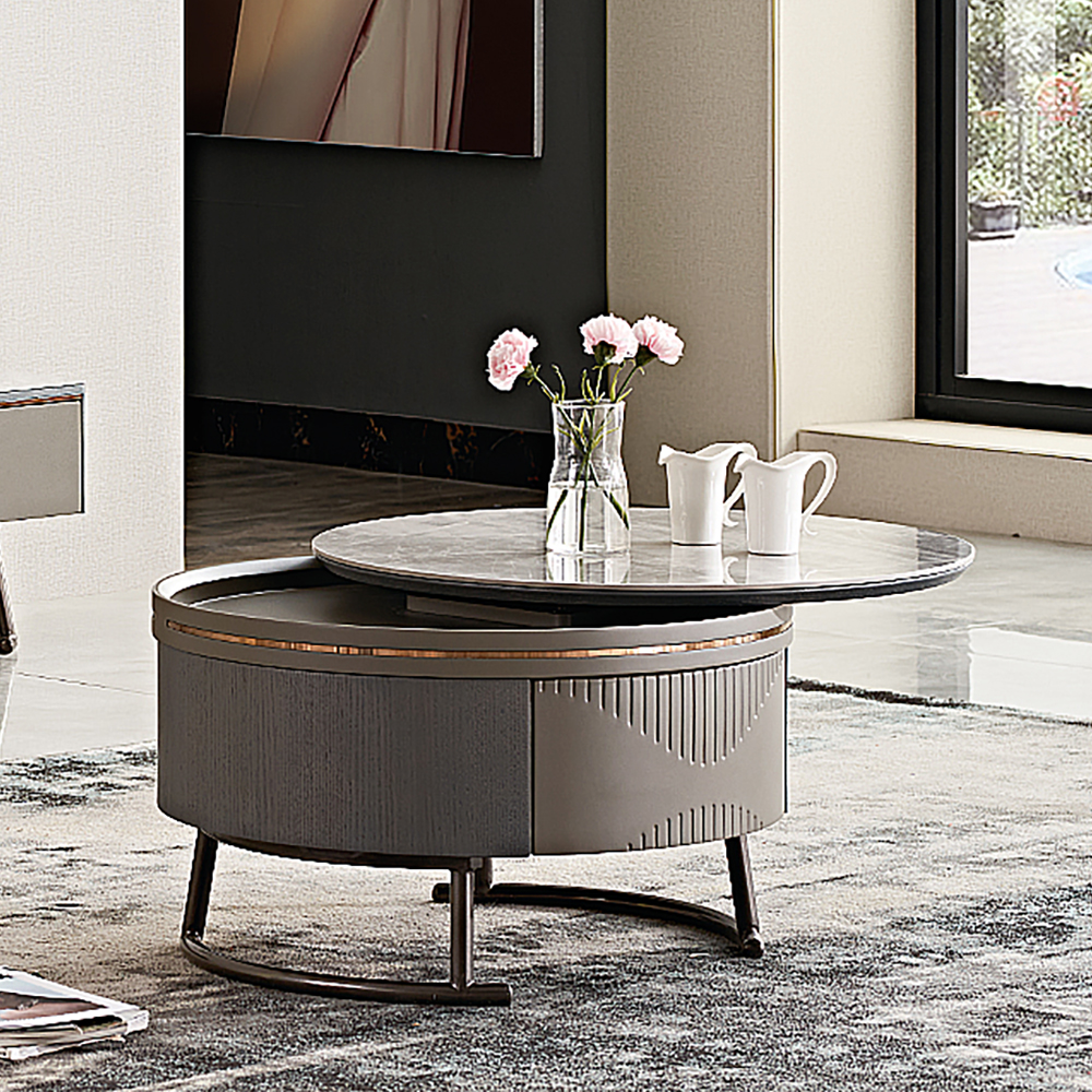 

Contemporary Extendable Round Stone Top Coffee Table with Drawer