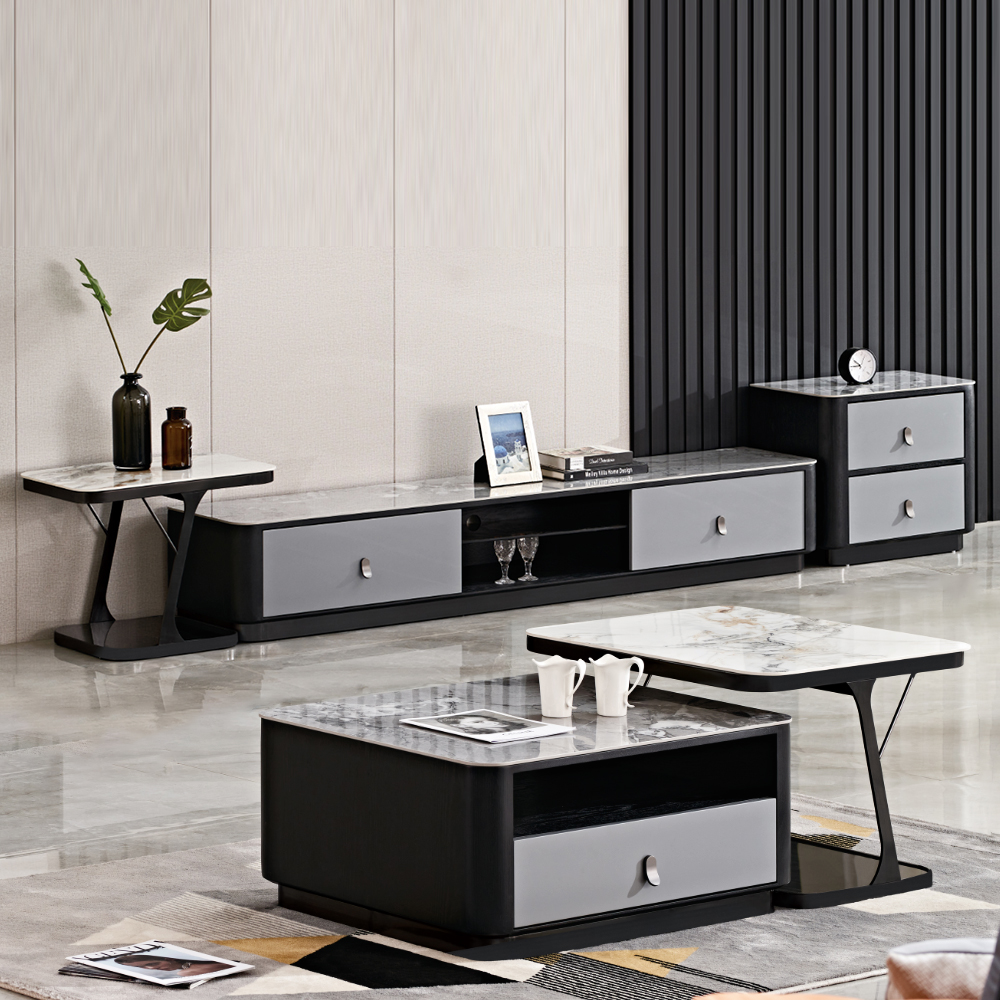 

5 Pieces Stone Top Contemporary TV Stand & Coffee Table Set with Drawers