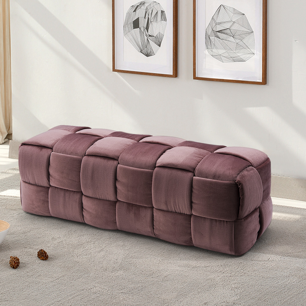 Image of 48" Velvet Upholstered Bench Rectangle Weave Bedroom Bench in Pink
