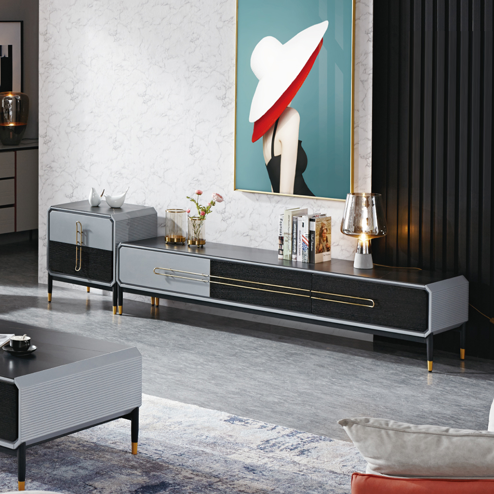 

2 Pieces Contemporary TV Stand & Side Cabinet with Stone Top & 5 Drawers