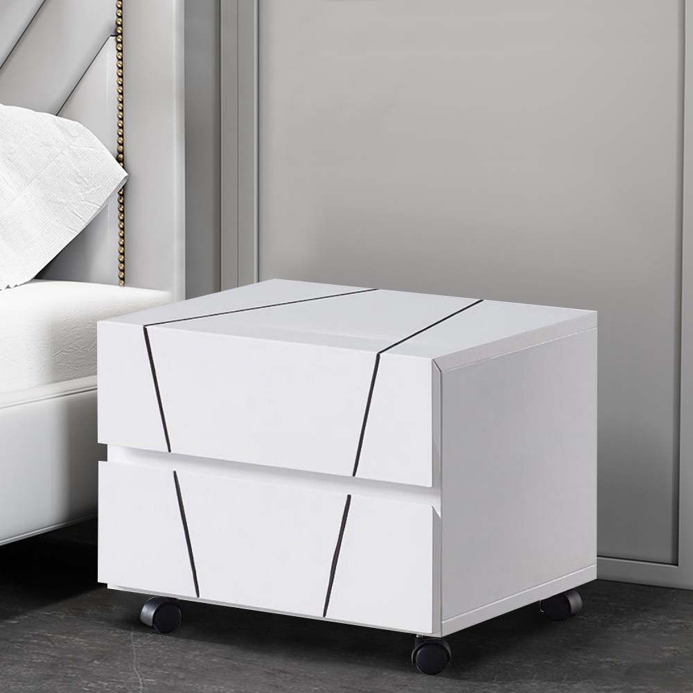 

Modern White MDF Nightstand with 2 Drawers with Wheels