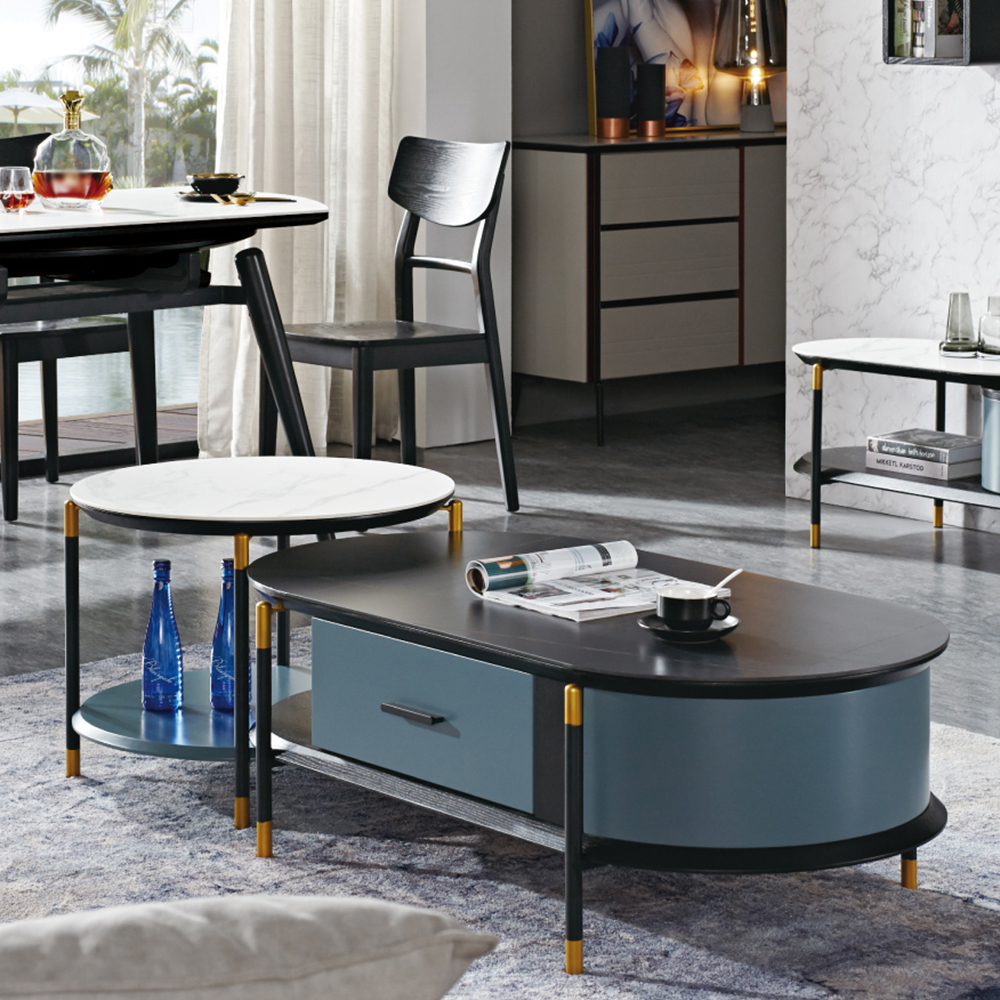 

2 Pieces Modern Coffee Table Set in Blue & White & Black & Gold with Drawer