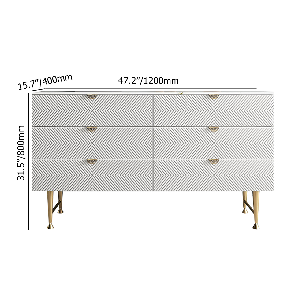 Modern Matte White Double Dresser with 6 Solid Wood Drawers and Stainless Steel Leg