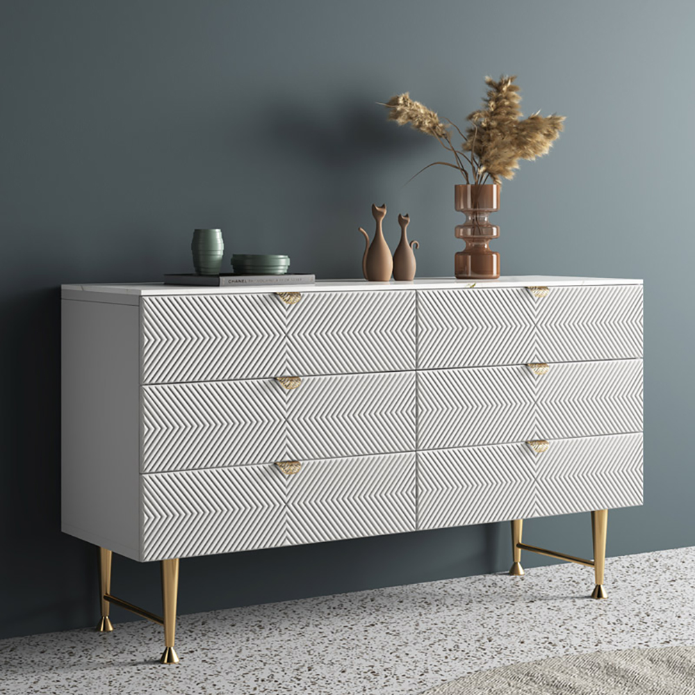 Modern Matte White Double Dresser with 6 Solid Wood Drawers and Stainless Steel Leg