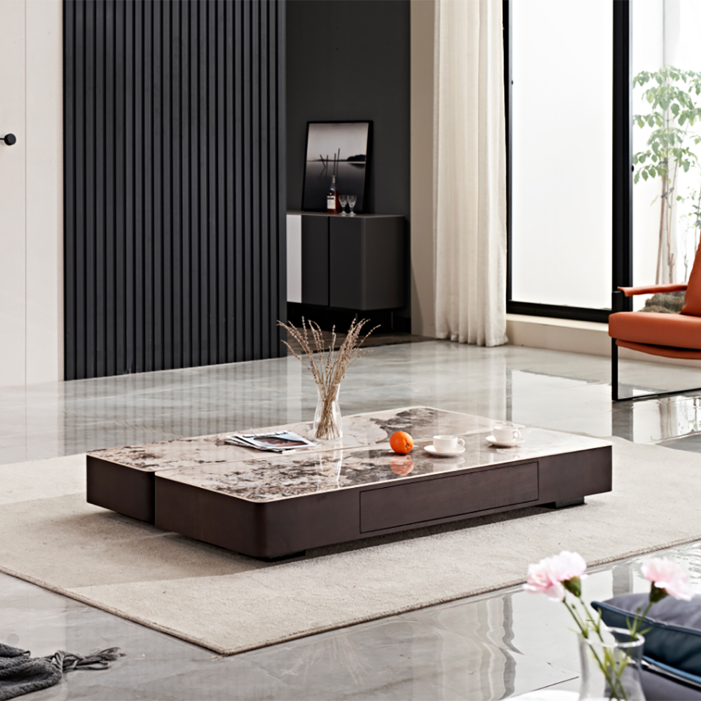 

2 Pieces Modern Brown Stone Top Coffee Table Set 2 Drawers with Storage