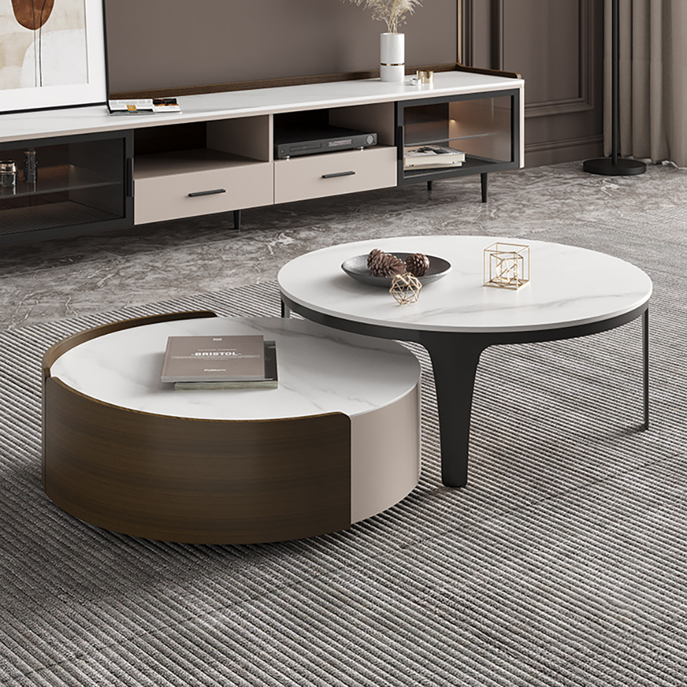 

Modern Nesting Round Coffee Table Set White Stone Top 2 Pieces