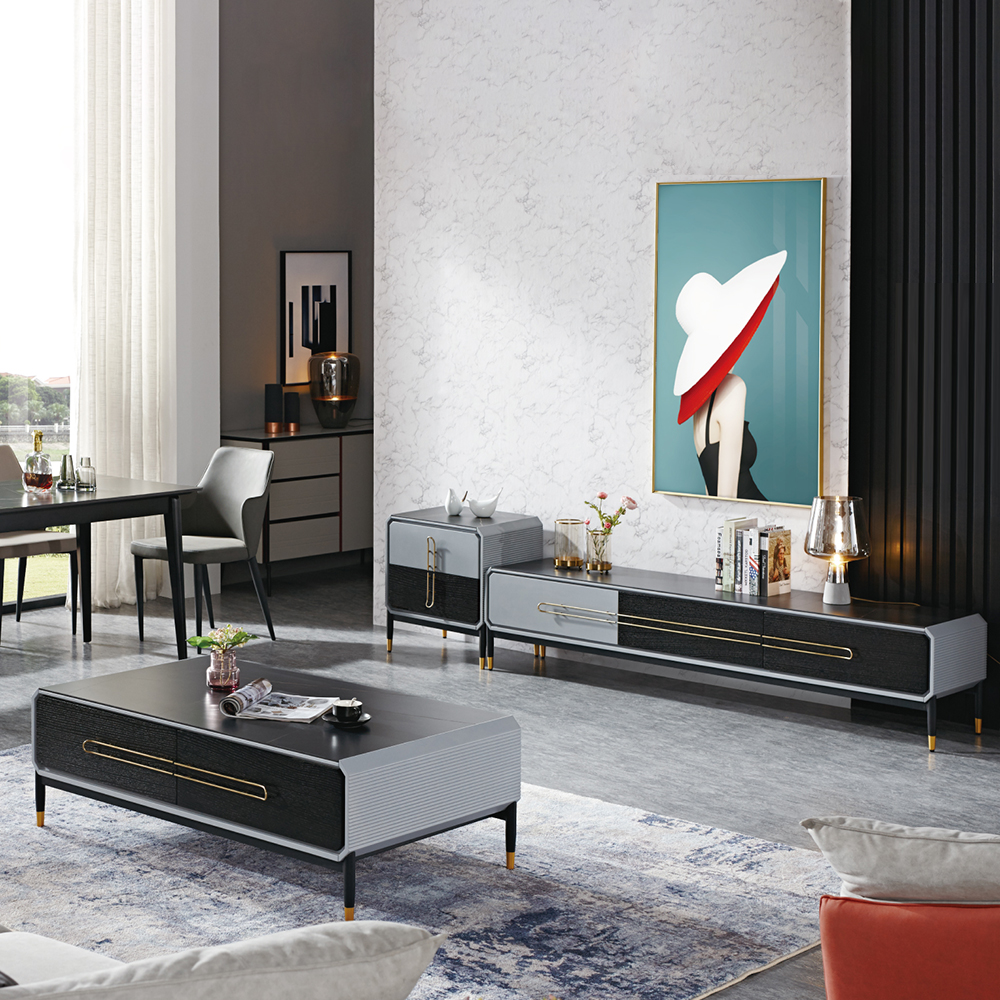 

3 Pieces Contemporary TV Stand & Coffee Table Set with Side Cabinet & Drawers