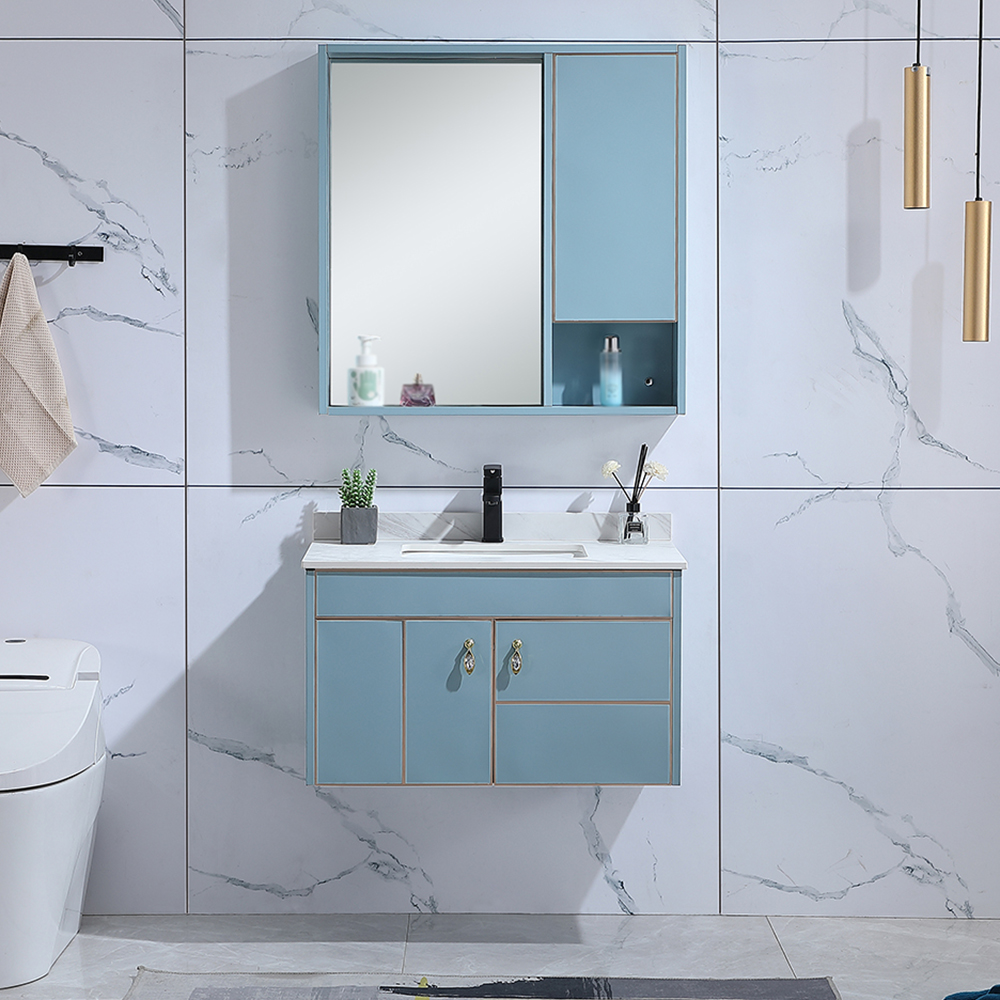 

24" Blue Floating Bathroom Vanity with Medicine Cabinet & Integral Single Sink
