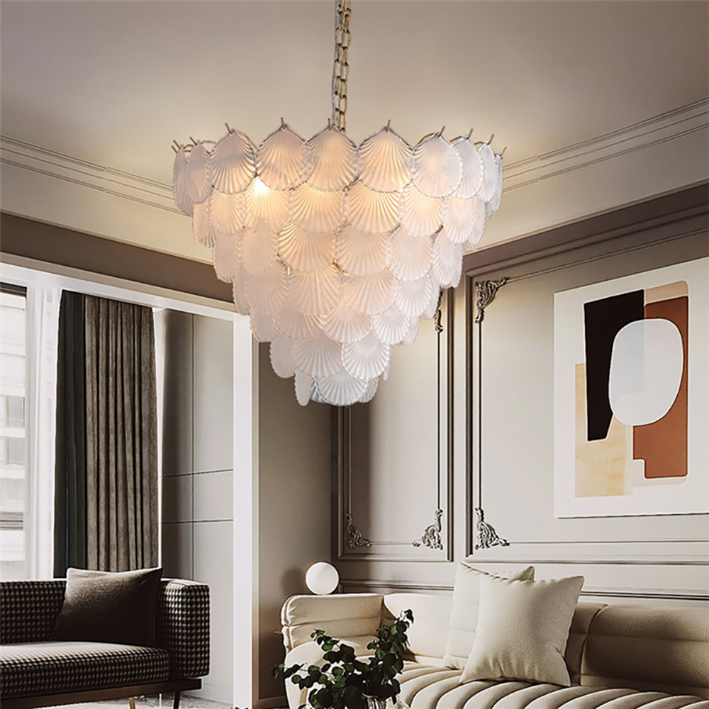 

14-Light Contemporary White Tiered Glass Chandelier with Shell-Shaped