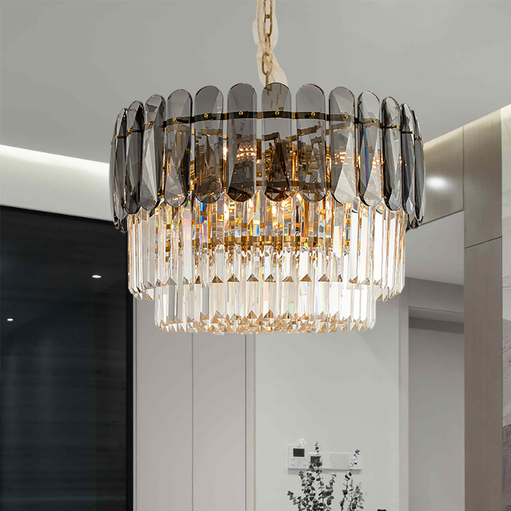 Contemporary 8-Light Crystal Tiered Chandelier in Brass & Grey