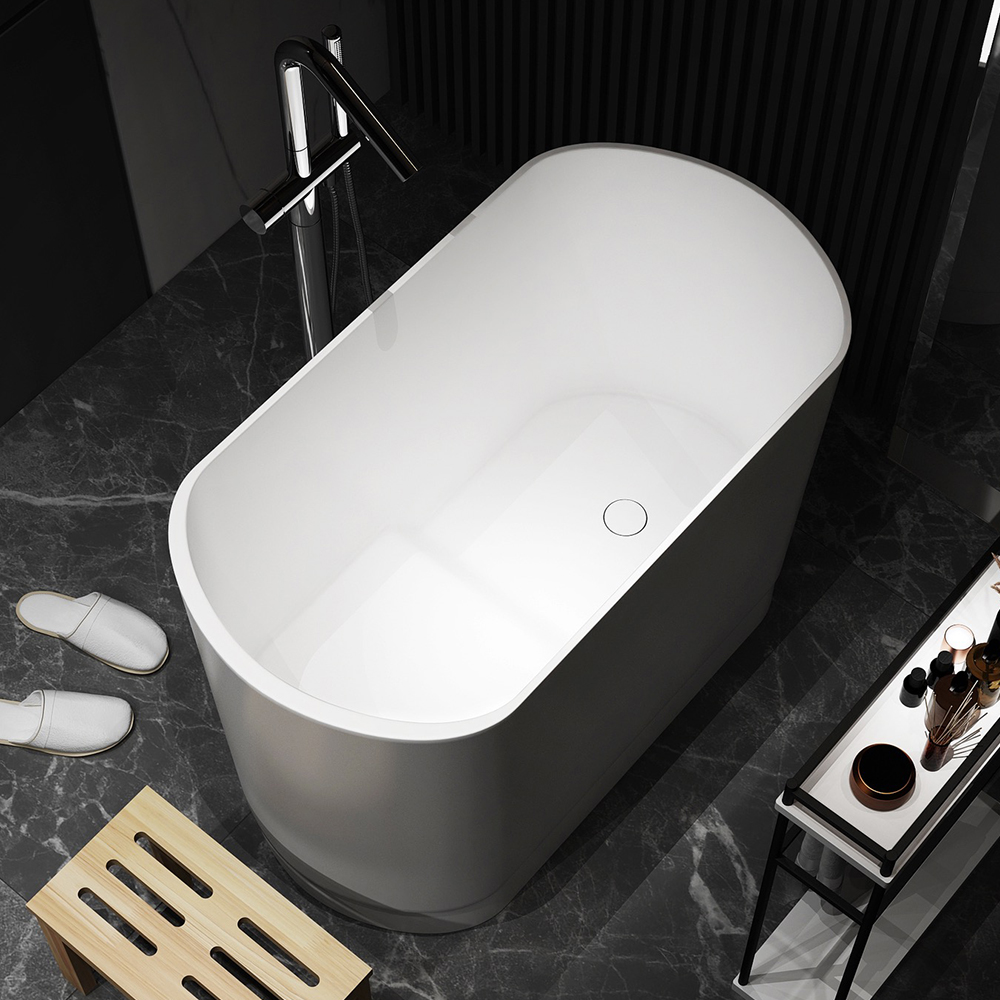 Image of 40" Modern Deep Oval Freestanding Matte White Stone Resin Japanese Soaking Bathtub