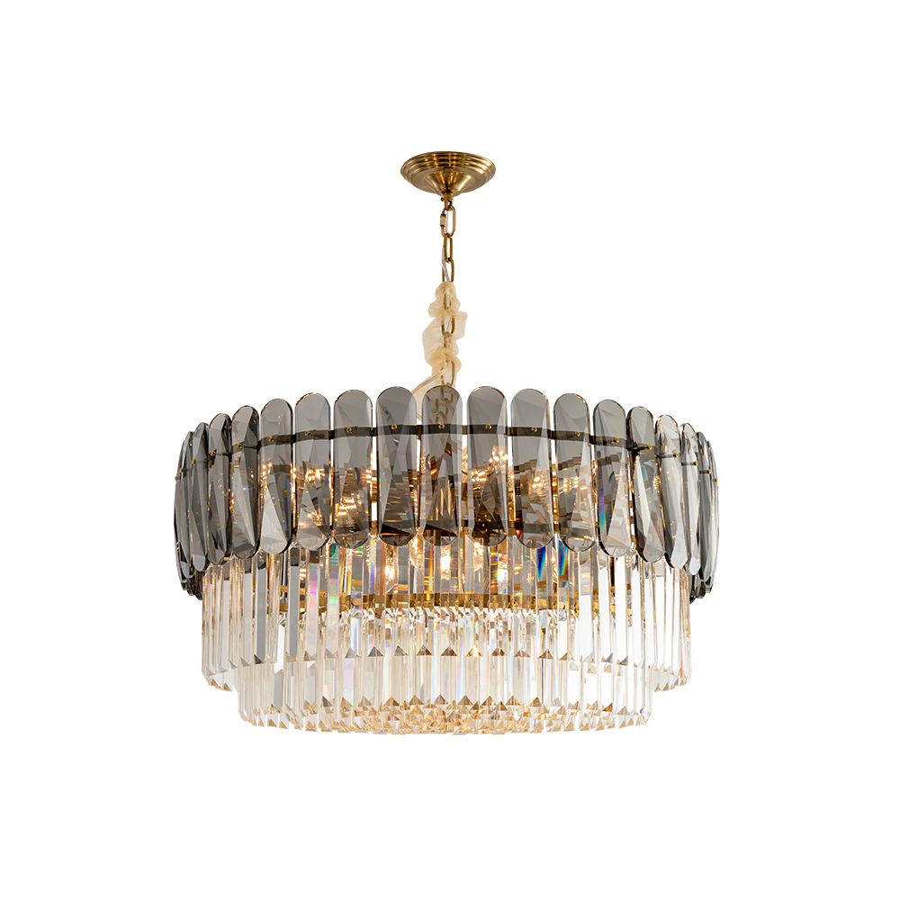 Contemporary 12-Light Crystal Tiered Chandelier in Brass & Grey